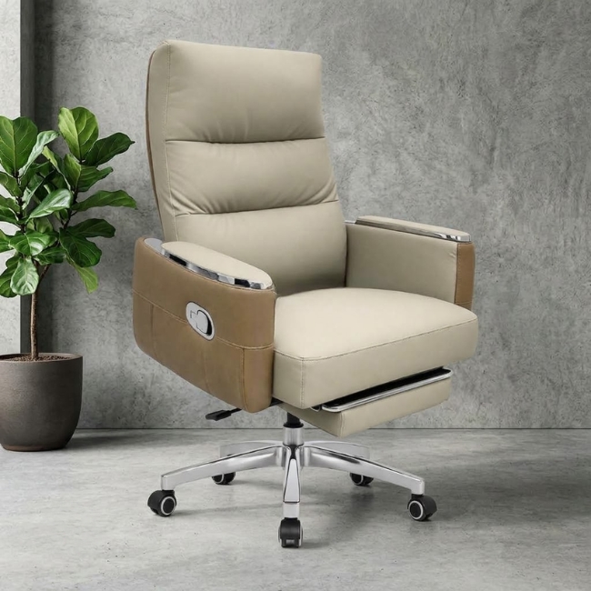 Ghế xoay giám đốc bọc da Pu màu kem có gác chân ngả lưng thư giãn: SG - 3809 - $hienthicat